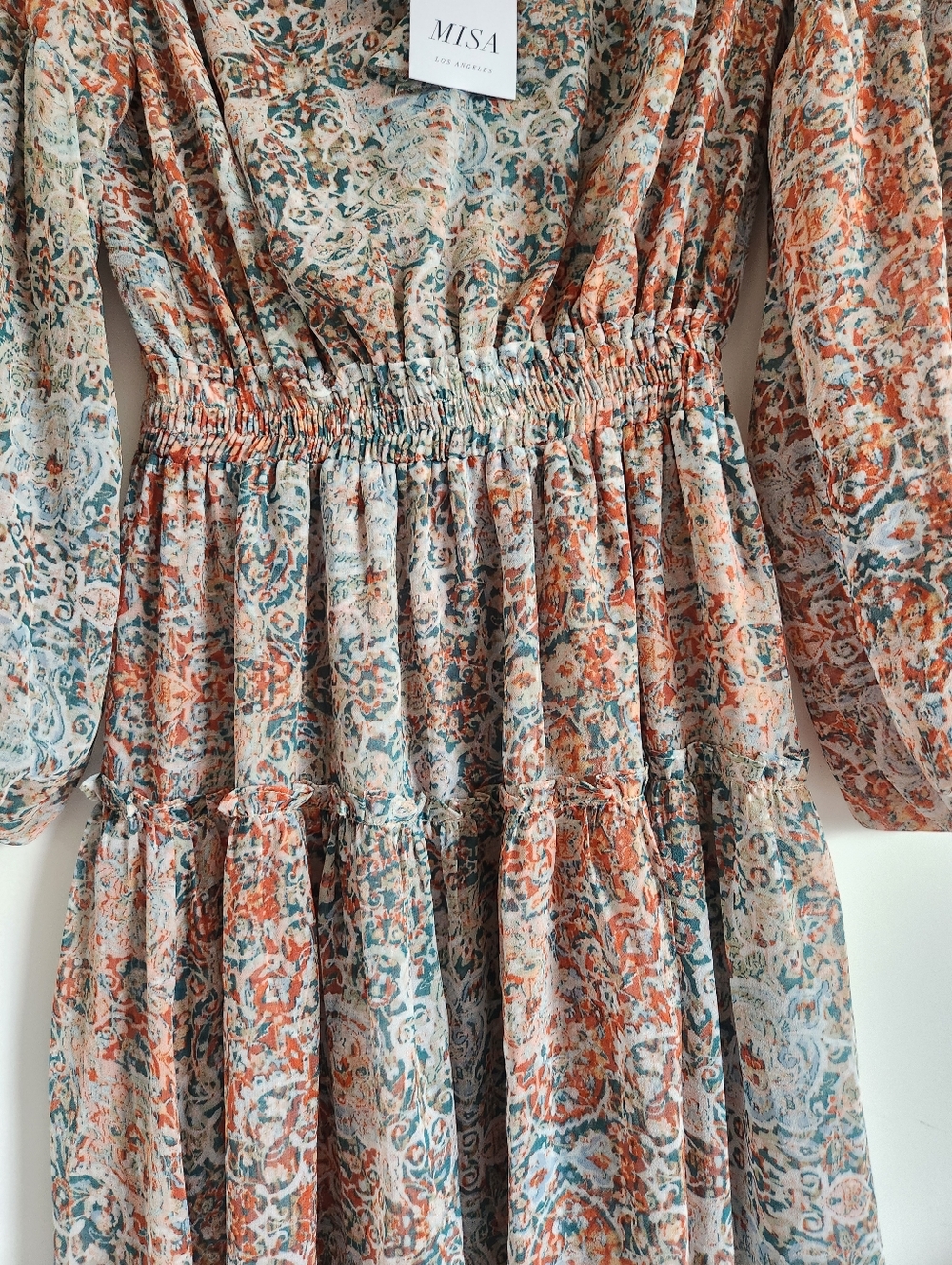 MISA Los Angeles Boho Maxi Dress Long Sleeve Smocked Waist NWT XS - Picture 4 of 11